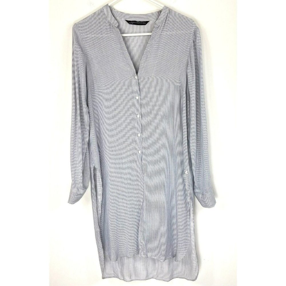 Zara Top Size Small Long Tunic Blue White Stripe Side Slits Beachy Cottagecore